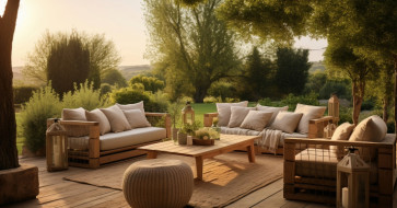 Rustic outdoor setup with weathered wood seating, soft cushions, string lights, and cozy layered decor, perfect for small patios or backyards.
