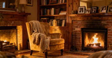 Cozy winter reading corner with a comfortable armchair, soft lighting, warm blankets, and books in a calm home setting.