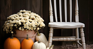 A cozy rustic fall entryway with a wooden bench, woven baskets, and soft golden light — decorated with pumpkins, blankets, and autumn tones.