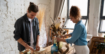 Rustic minimalist living room with natural wood, soft colors, and open space