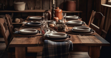 Rustic wooden dining table with natural grain and farmhouse charm, designed to bring warmth and character to any home.